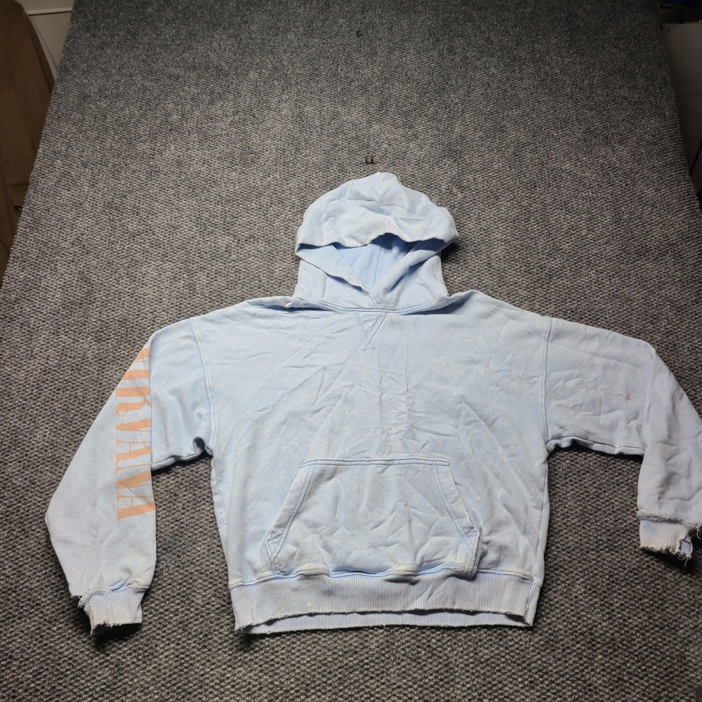 Nirvana Graphic Hoodie Light Blue Thrashed Distressed Grunge Sweatshirt Large